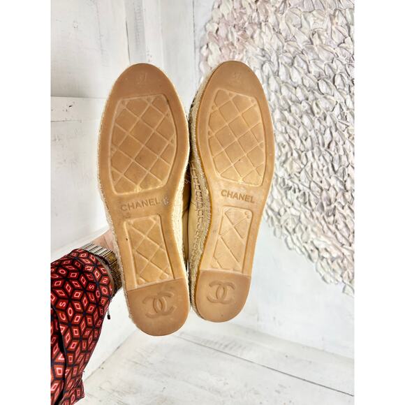 Chanel Lambskin Leather Cap Toe Espadrilles Loafer Flat Beige/Black Women's 37 - Picture 10 of 12